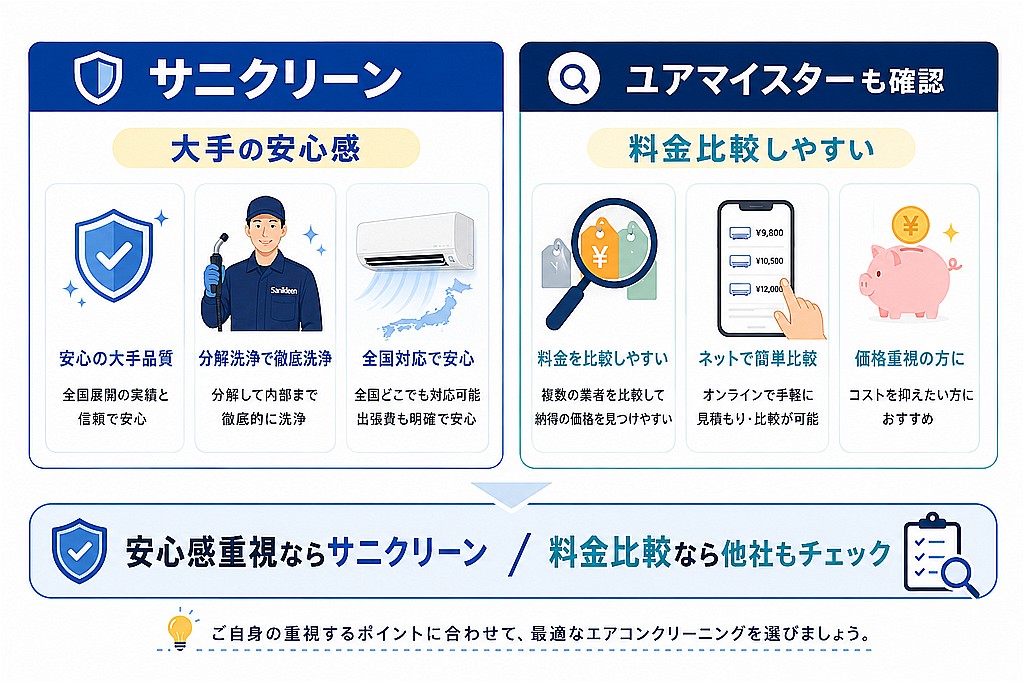 まとめ：サニクリーンは大手の安心感重視、料金比較ならユアマイスターも確認
