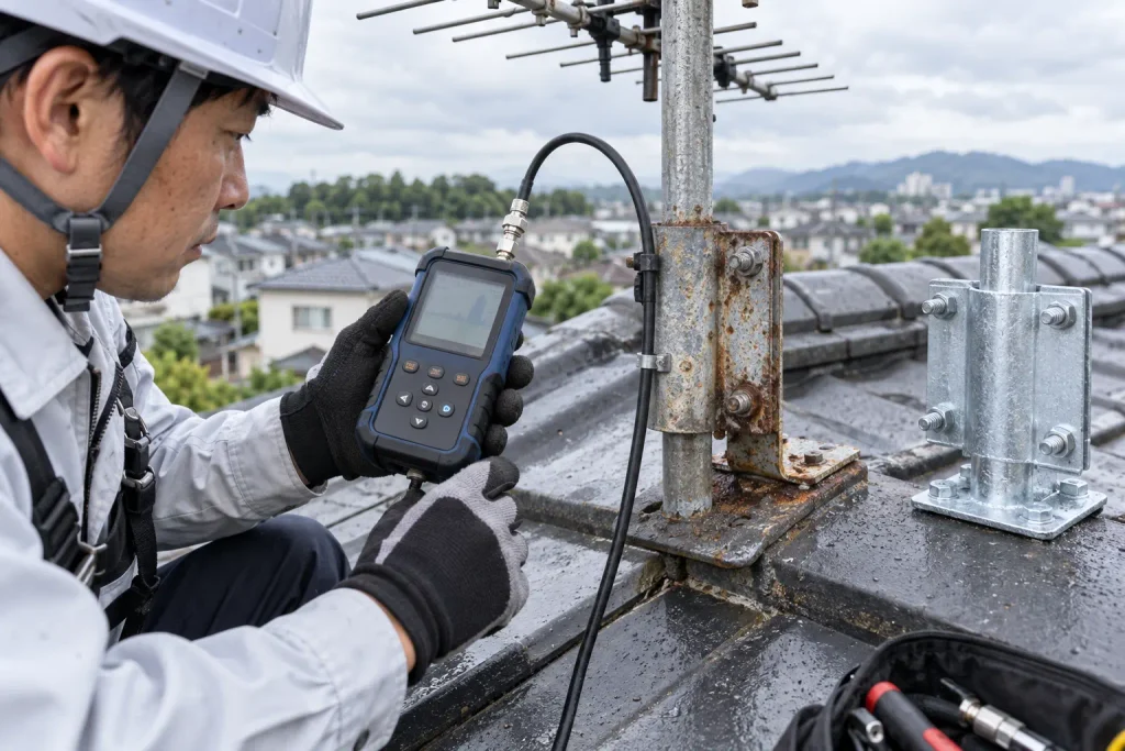 屋根の上でアンテナのケーブルに測定器をつなぎ、電波を測る作業員